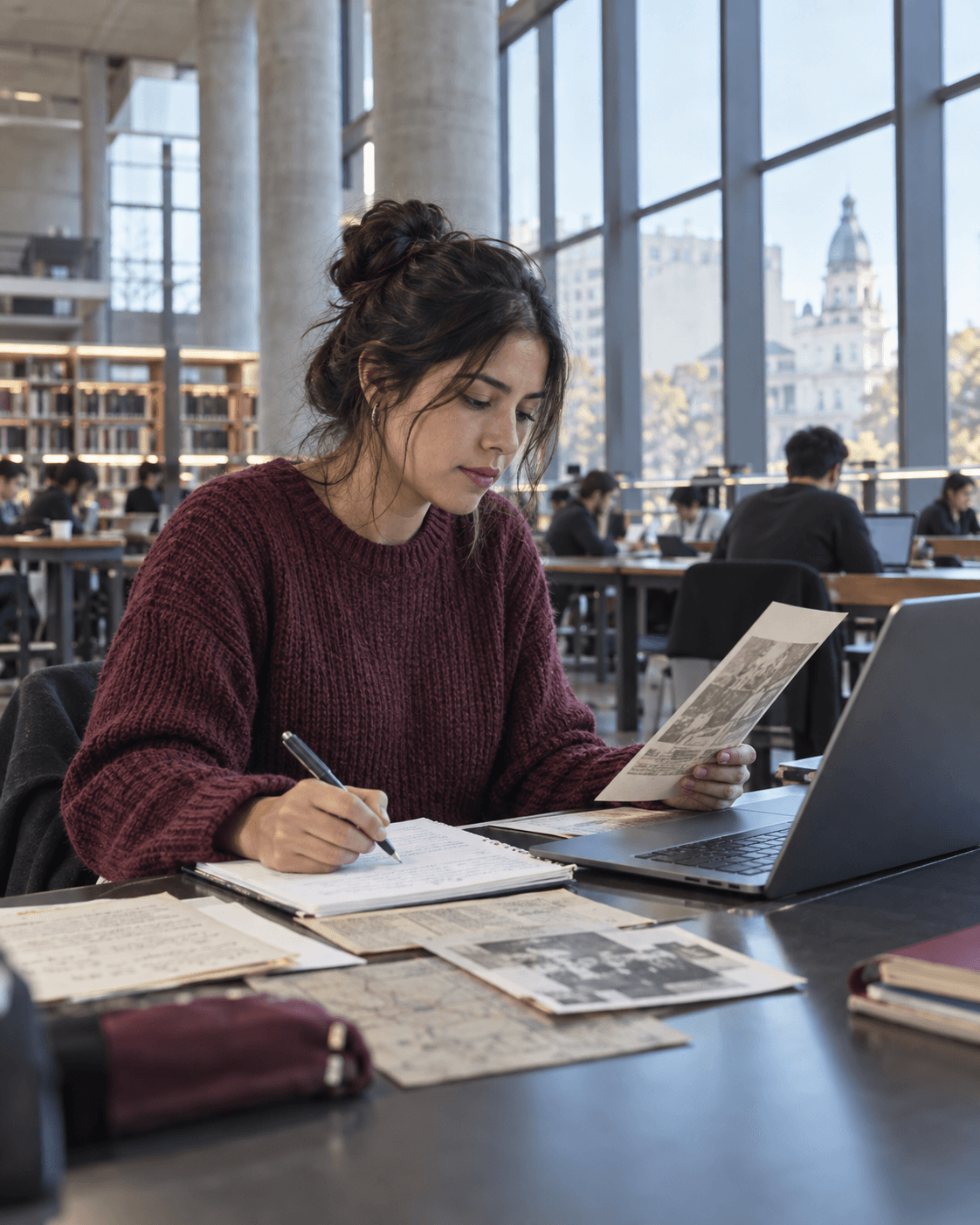 Estudiante joven investigando documentación en una biblioteca