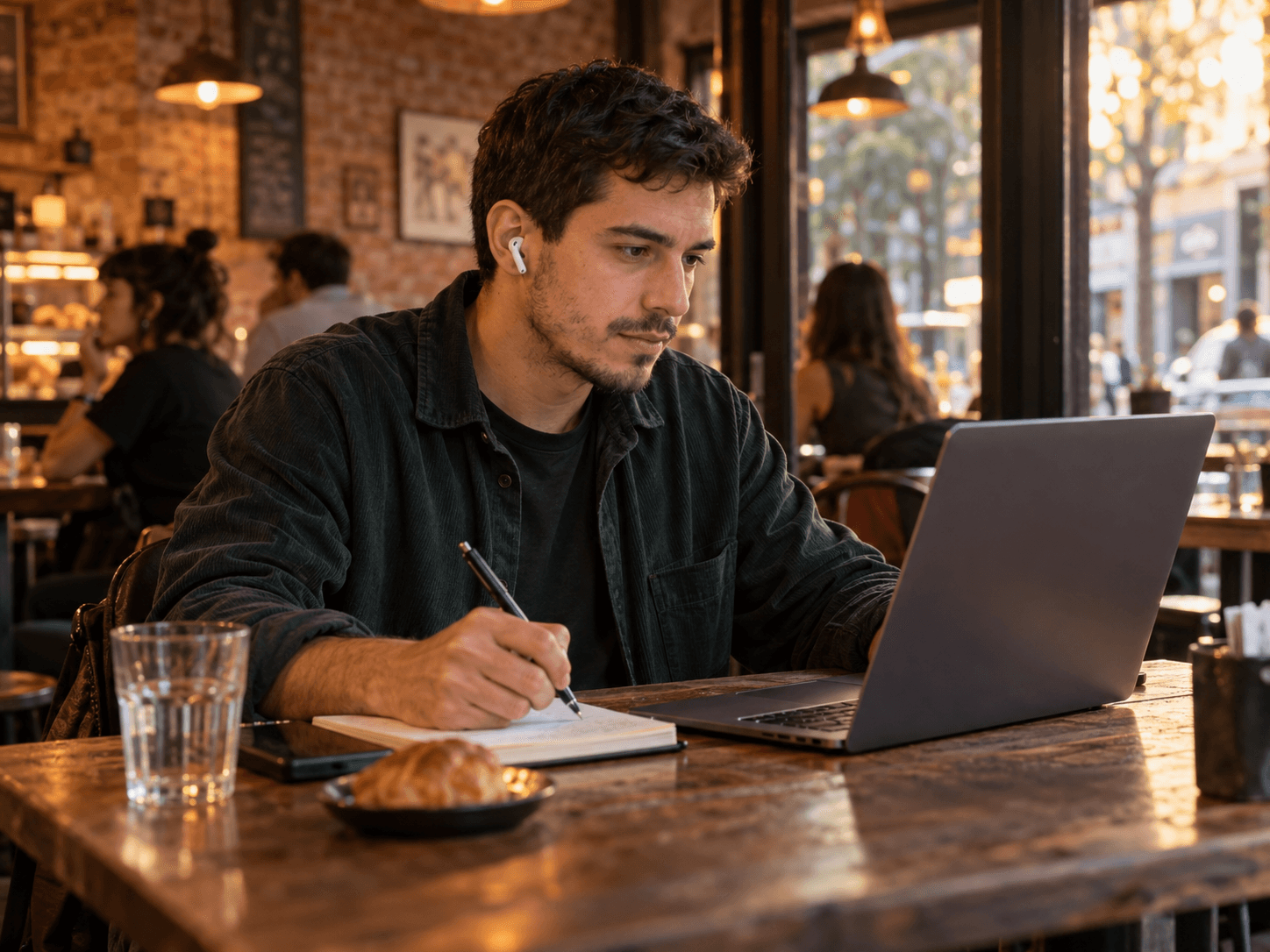 Estudiante joven tomando notas durante una capacitación online en un café
